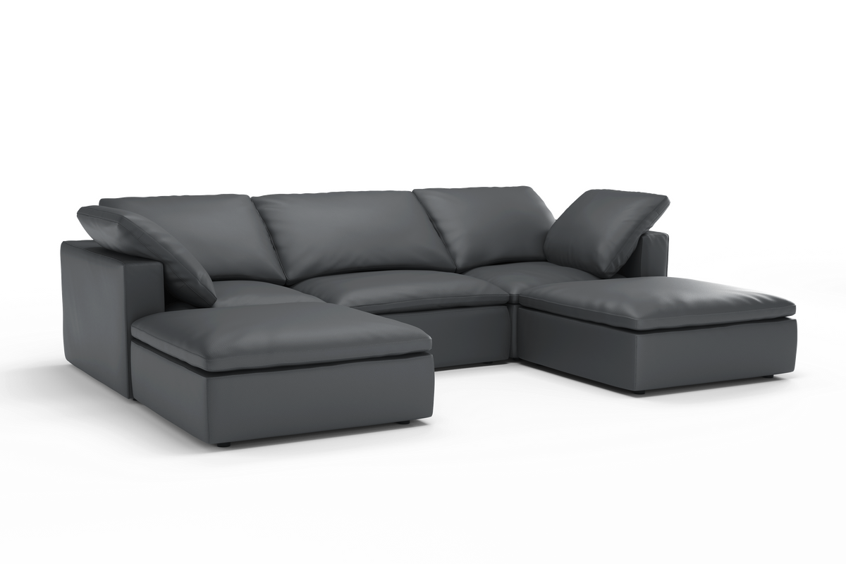 Valencia Claire Full-Aniline Leather Three Seats with 2 Ottomans Cloud Feel Lounge, Charcoal Grey