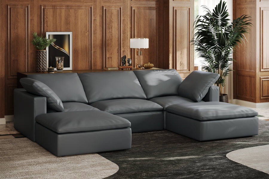 Valencia Claire Full-Aniline Leather Three Seats with 3 Ottomans Cloud Feel Sofa, Charcoal Grey