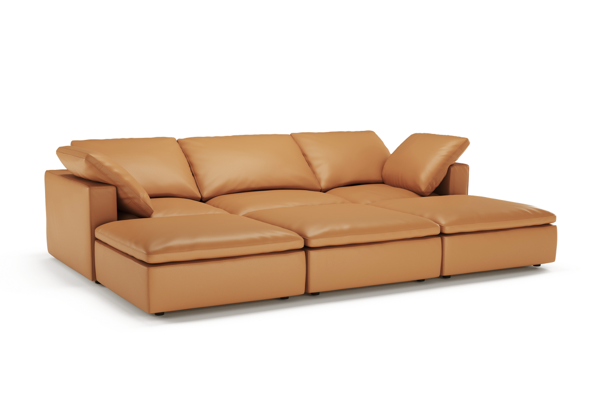 Valencia Claire Full-Aniline Leather Three Seats with 3 Ottomans Cloud Feel Lounge, Cognac