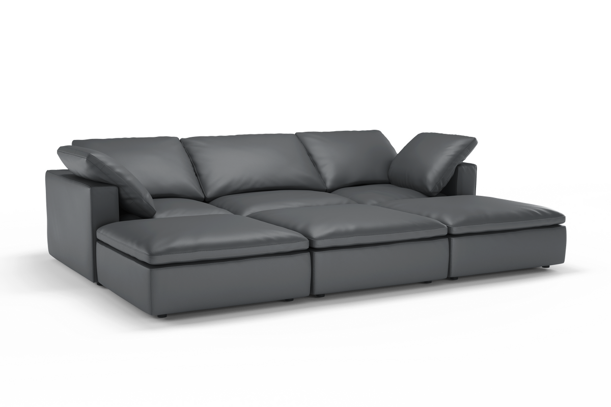 Valencia Claire Full-Aniline Leather Three Seats with 3 Ottomans Cloud Feel Lounge, Charcoal Grey