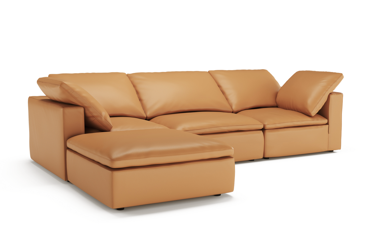 Valencia Claire Full-Aniline Leather Three Seats with Ottoman Cloud Feel Lounge, Cognac