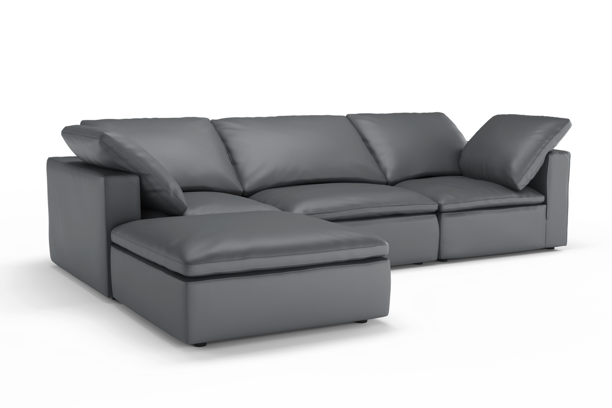 Valencia Claire Full-Aniline Leather Three Seats with Ottoman Cloud Feel Lounge, Charcoal Grey