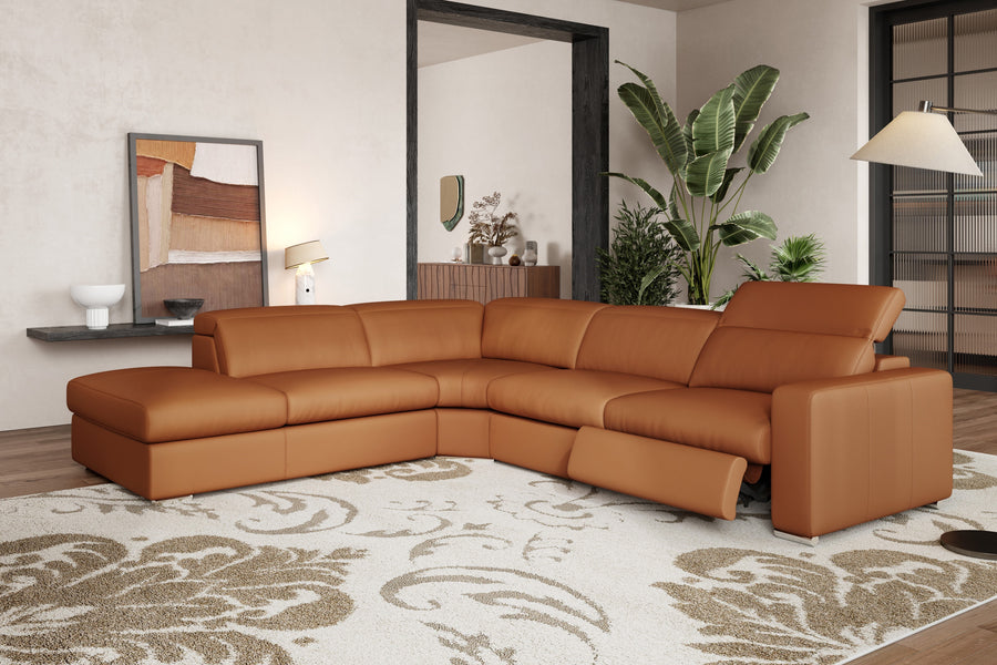 Valencia Clara Leather Reclining Sectional Lounge, Left Hand Chaise, Cognac