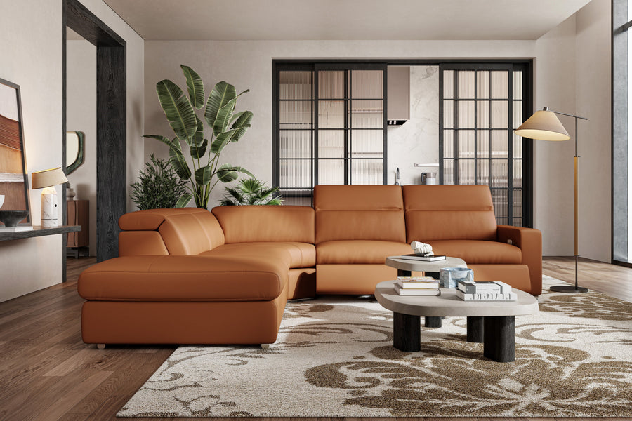 Valencia Clara Leather Reclining Sectional Lounge, Left Hand Chaise, Cognac