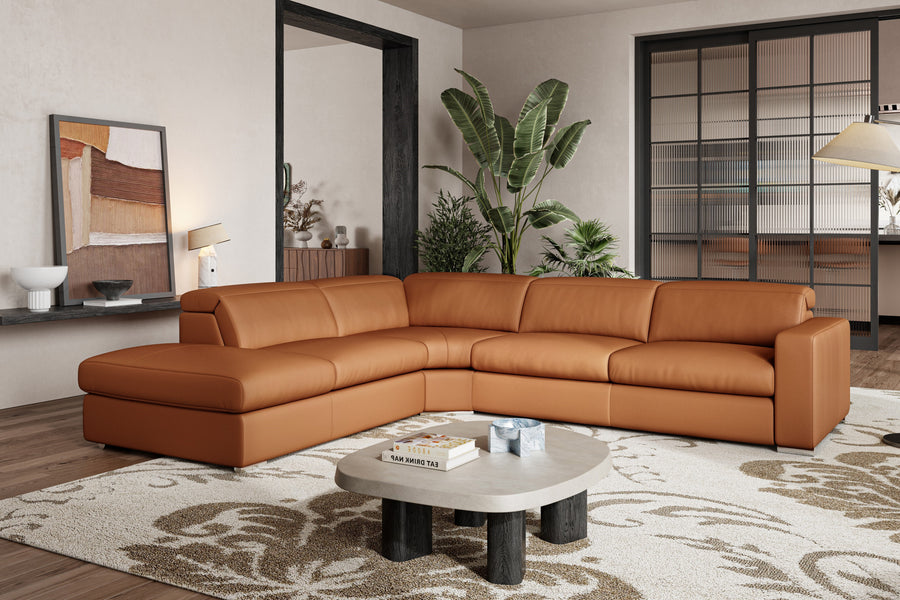 Valencia Clara Leather Reclining Sectional Lounge, Left Hand Chaise, Cognac