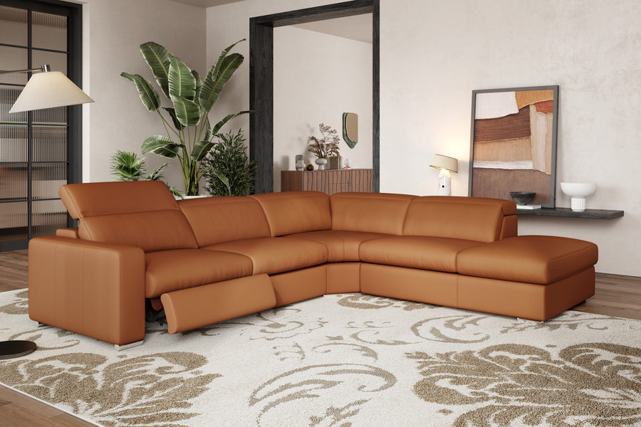 Valencia Clara Leather Reclining Sectional Lounge, Right Hand Chaise, Cognac