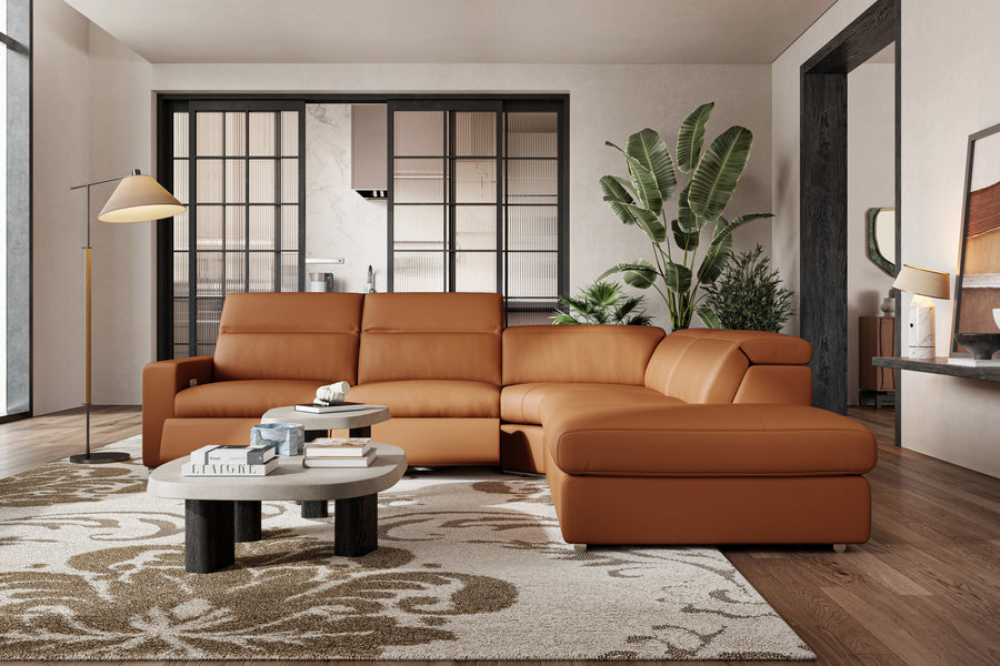 Valencia Clara Leather Reclining Sectional Lounge, Right Hand Chaise, Cognac