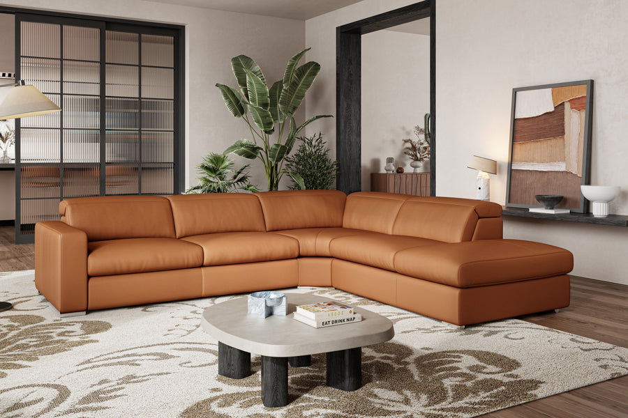 Valencia Clara Leather Reclining Sectional Lounge, Right Hand Chaise, Cognac