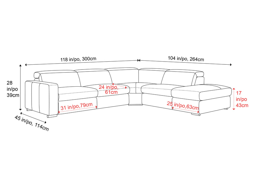 Valencia Clara Leather Reclining Sectional Lounge, Right Hand Chaise, Cognac