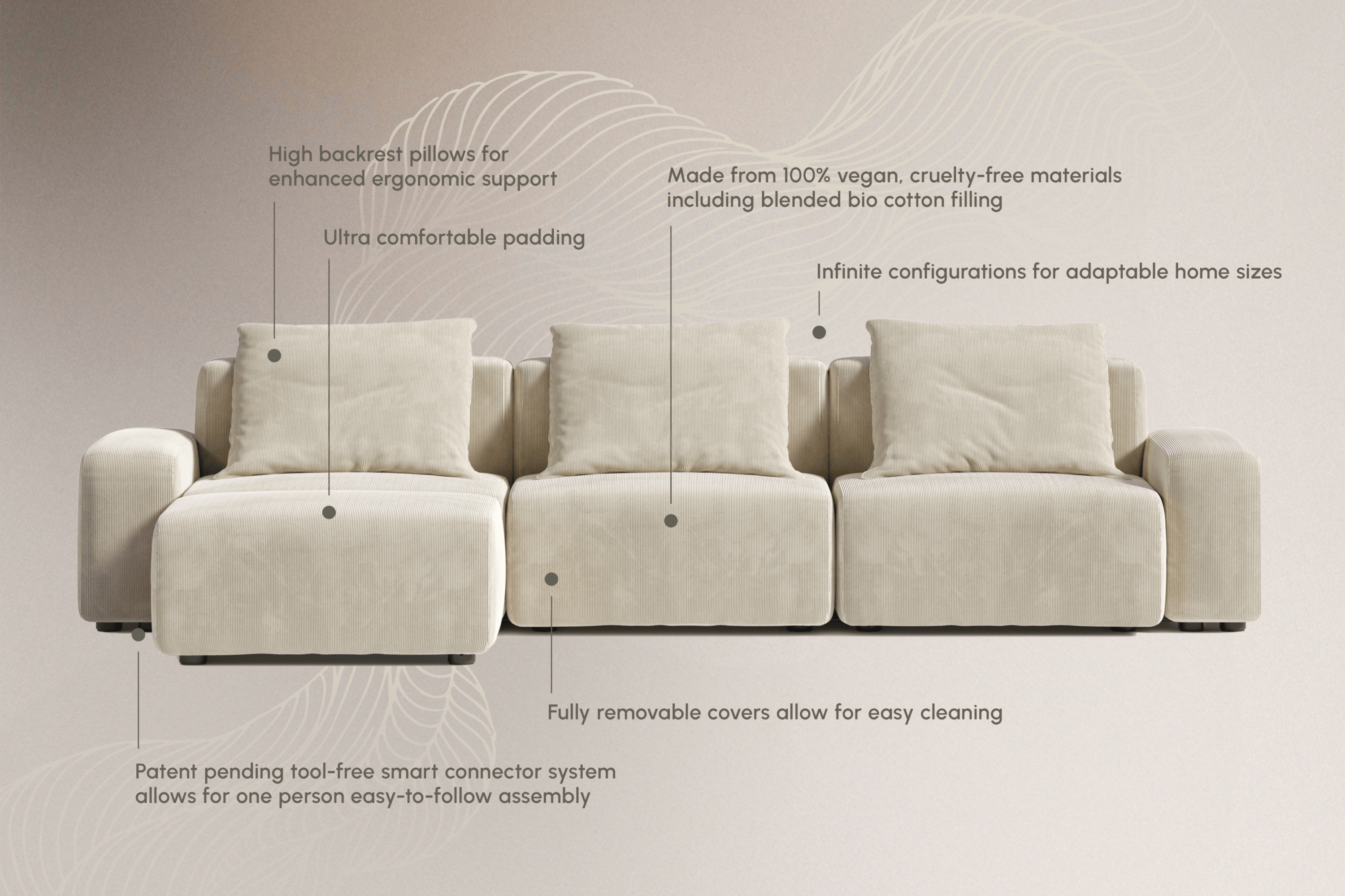 Valencia Cubo Corduroy Velvet Sectional Loveseat Sofa, Beige