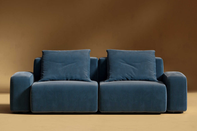 Valencia Cubo Corduroy Velvet Sectional Loveseat Sofa, Blue