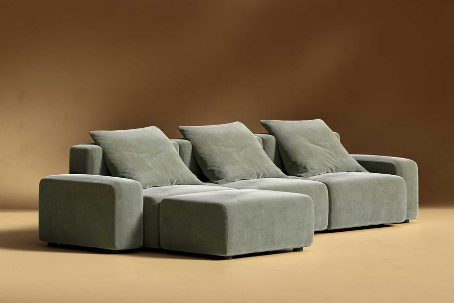 Valencia Cubo Corduroy Velvet Sectional Three Seats & Left Ottoman Sofa, Olive Green