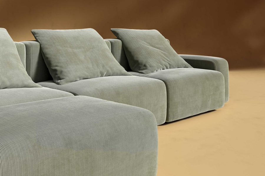 Valencia Cubo Corduroy Velvet Sectional Three Seats & Left Ottoman Sofa, Olive Green