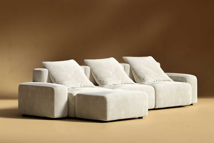 Valencia Cubo Corduroy Velvet Sectional Three Seats & Left Ottoman Sofa, Beige