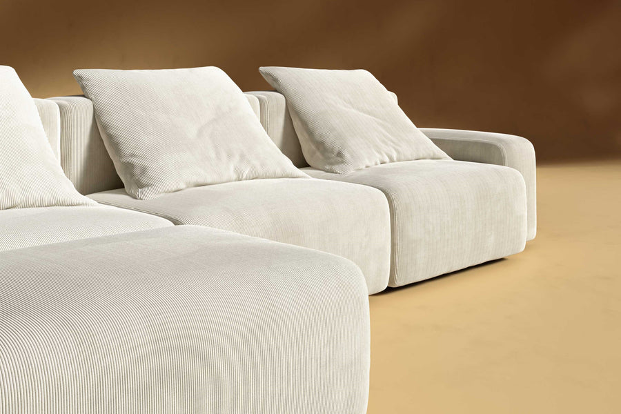 Valencia Cubo Corduroy Velvet Sectional Three Seats & Left Ottoman Sofa, Beige