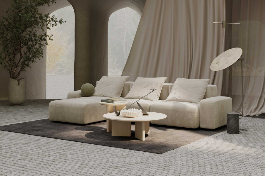 Valencia Cubo Corduroy Velvet Sectional Three Seats & Left Ottoman Sofa, Beige