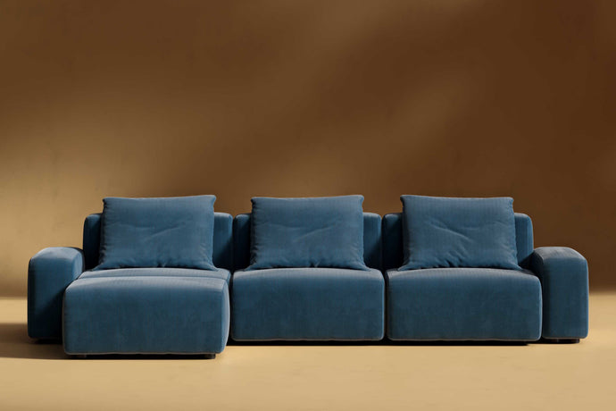 Valencia Cubo Corduroy Velvet Sectional Three Seats & Left Ottoman Sofa, Blue