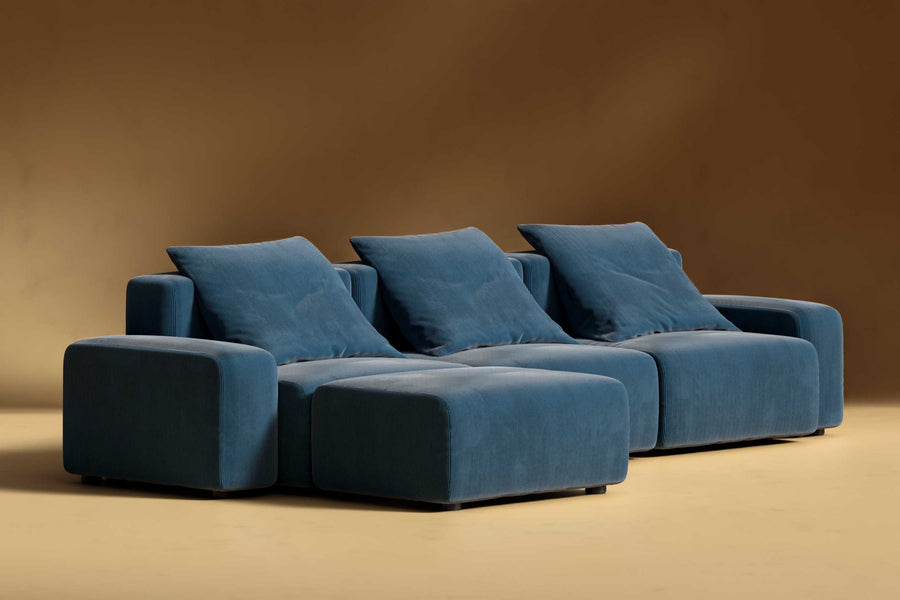 Valencia Cubo Corduroy Velvet Sectional Three Seats & Left Ottoman Sofa, Blue