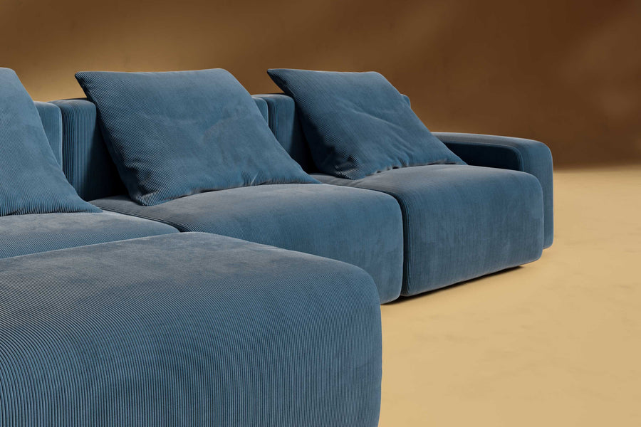 Valencia Cubo Corduroy Velvet Sectional Three Seats & Left Ottoman Sofa, Blue