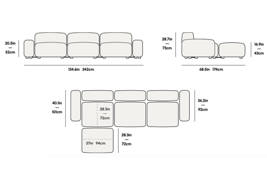 Valencia Cubo Corduroy Velvet Sectional Three Seats & Left Ottoman Sofa, Olive Green