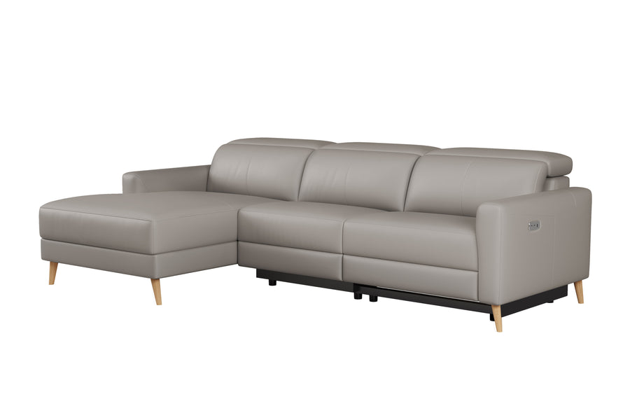 Valencia Elodie Top Grain Leather Sectional Lounge, Three Seats with Left Chaise, Light Grey
