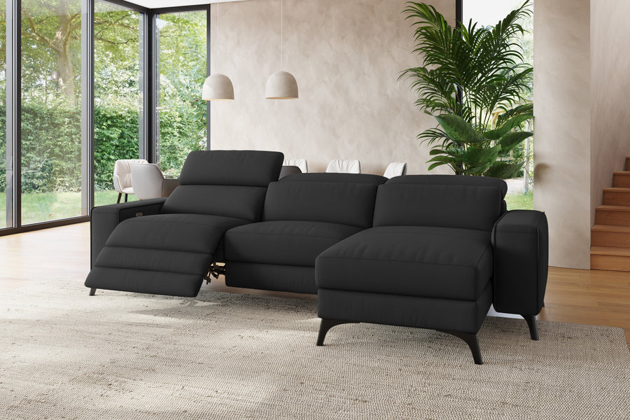 Valencia Esther Top Grain Leather Lounge, Three Seats with Right Chaise, Black