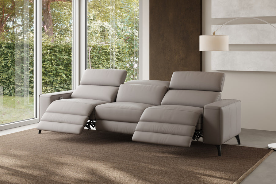 Valencia Esther Top Grain Leather Three Seats with Double Recliners Lounge, Light Grey