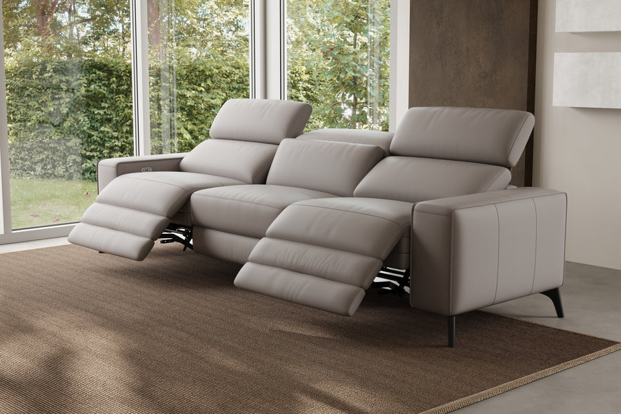 Valencia Esther Top Grain Leather Three Seats with Double Recliners Lounge, Light Grey