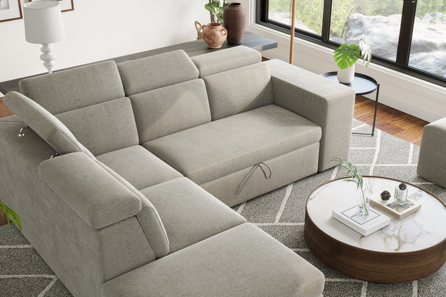 Valencia Finn Fabric Sectional Lounge Bed with Left Hand Storage, Light Grey