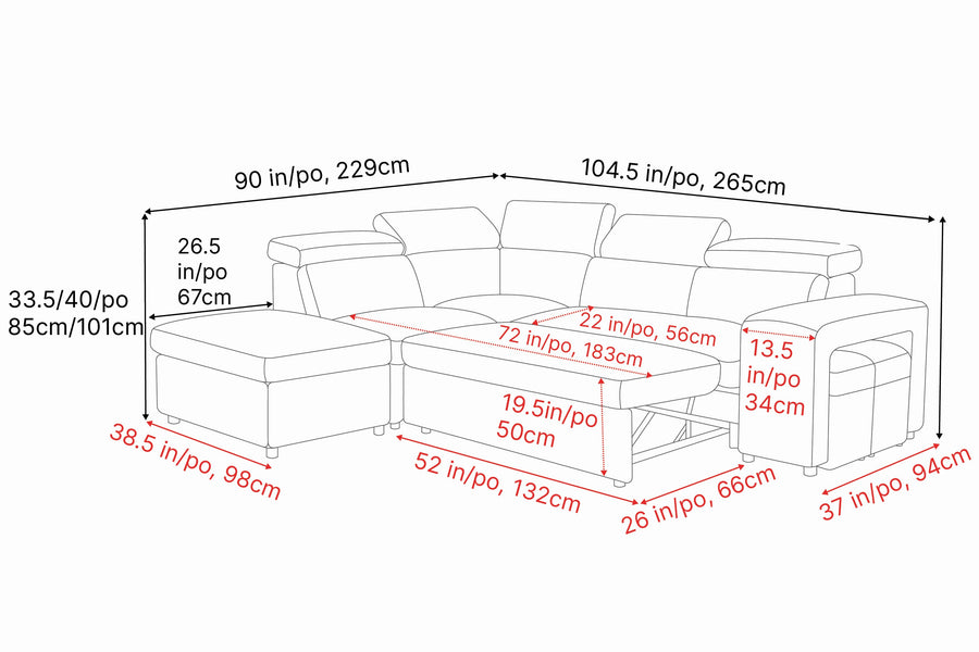 Valencia Finn Fabric Sectional Lounge Bed with Left Hand Storage, Cloudy Grey