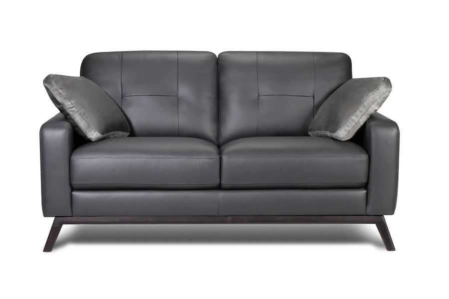 Valencia Francesca Mid Century Top Grain Leather Loveseat Lounge, Charcoal Grey