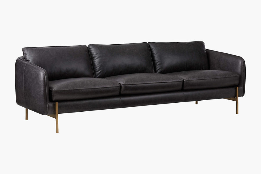 Valencia Gabriele Leather Three Seats Sofa with Brass Finished Legs, Black