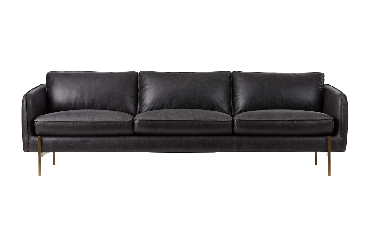 Valencia Gabriele Leather Three Seats Sofa with Brass Finished Legs, Black