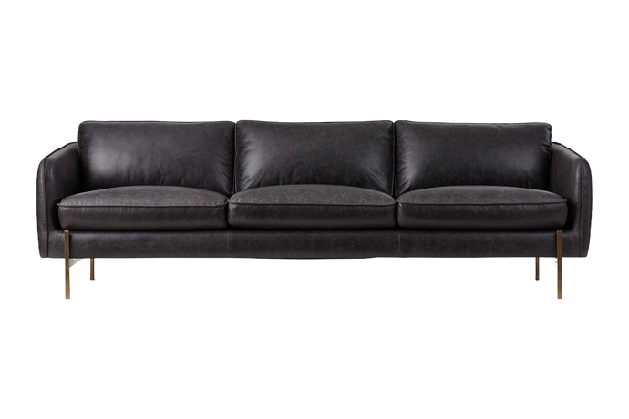 Valencia Berlin Leather Three Seats Sofa with Brass Finished Legs, Black