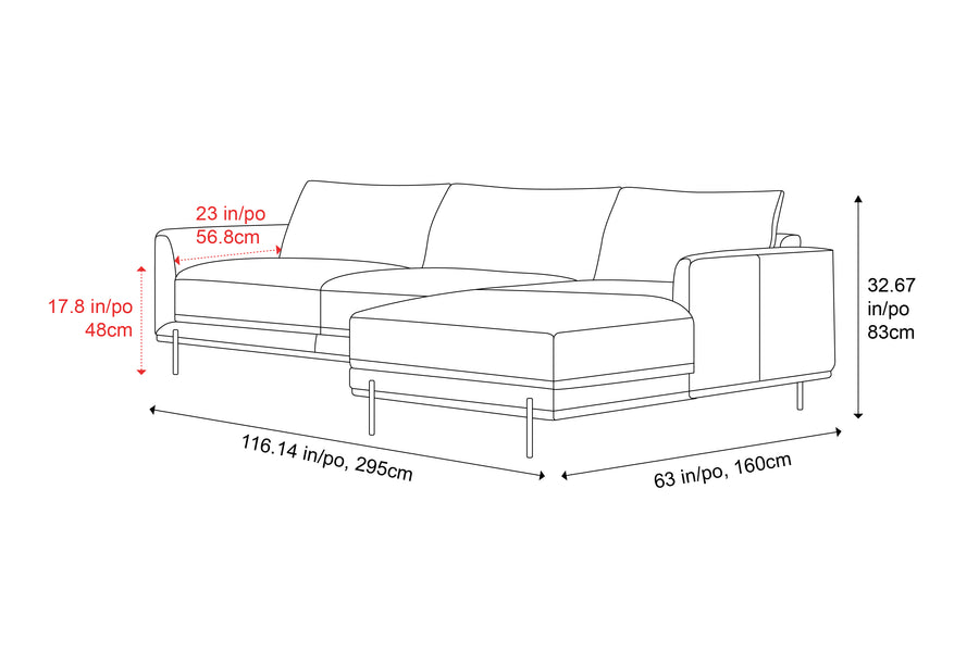 Valencia Imogen Top Grain Leather Sectional Lounge, Three Seats with Right Chaise, Tan