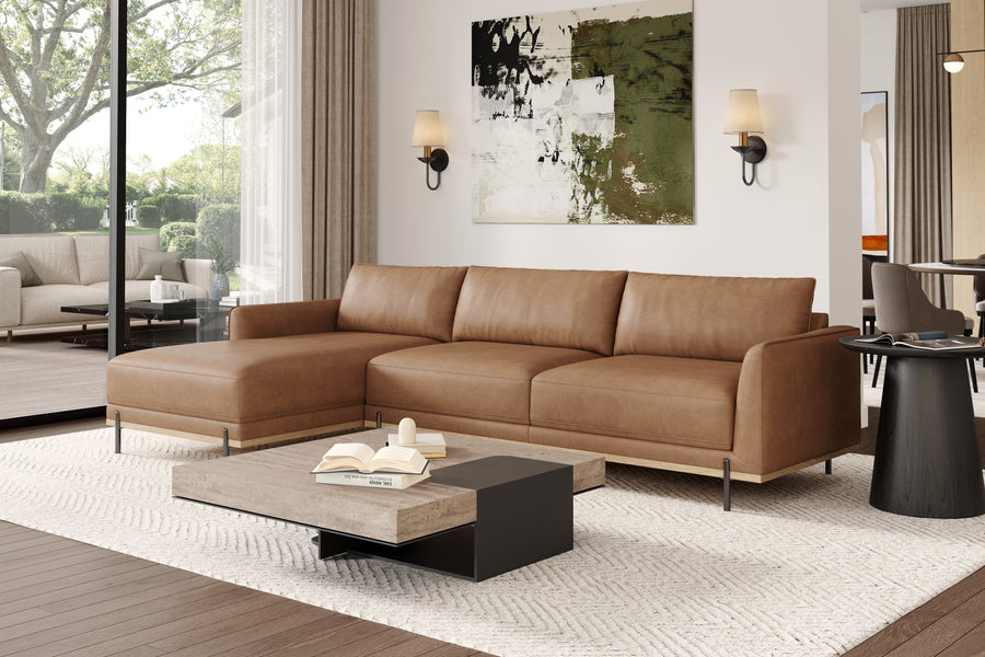 Valencia Imogen Top Grain Leather Sectional Lounge, Three Seats with Left Chaise, Tan