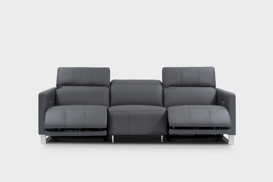 Valencia Lenard Modern Top Grain Leather Reclining Sofa, Three Seats, Charcoal Grey