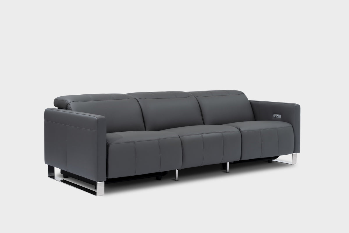 Valencia Isla Modern Top Grain Leather Reclining Sofa, Three Seats, Charcoal Grey