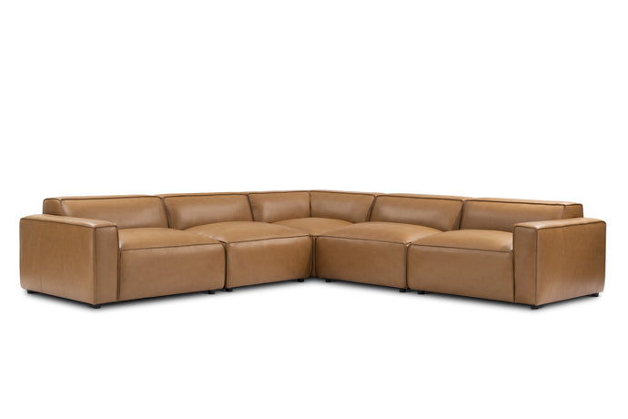 Valencia Nathan Aniline Leather Modular L-Shape Lounge with Down Feather, Caramel Brown