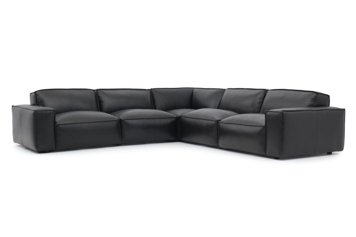 Valencia Nathan Aniline Leather Modular L-Shape Lounge with Down Feather, Black