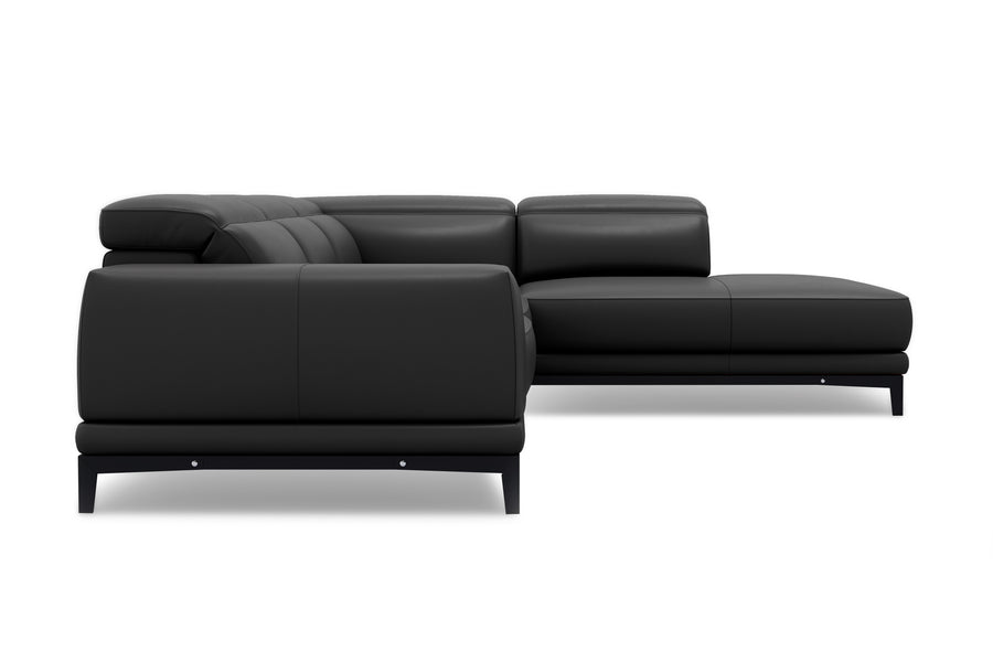 Valletta Sectional Leather Lounge, L-Shape & Right Chaise, Black