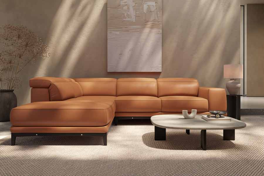 Valletta Sectional Leather Lounge, L-Shape & Left Chaise, Cognac
