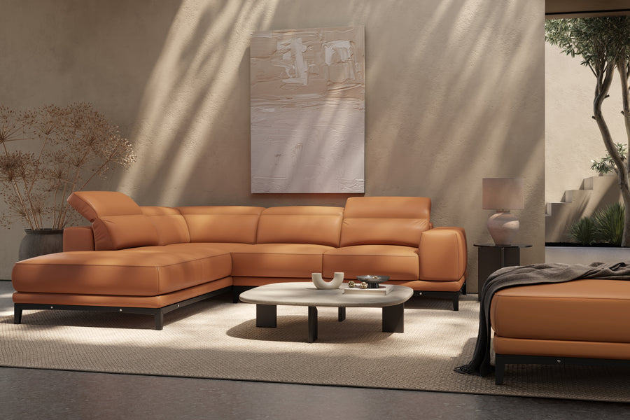 Valletta Sectional Leather Lounge, L-Shape & Left Chaise, Cognac
