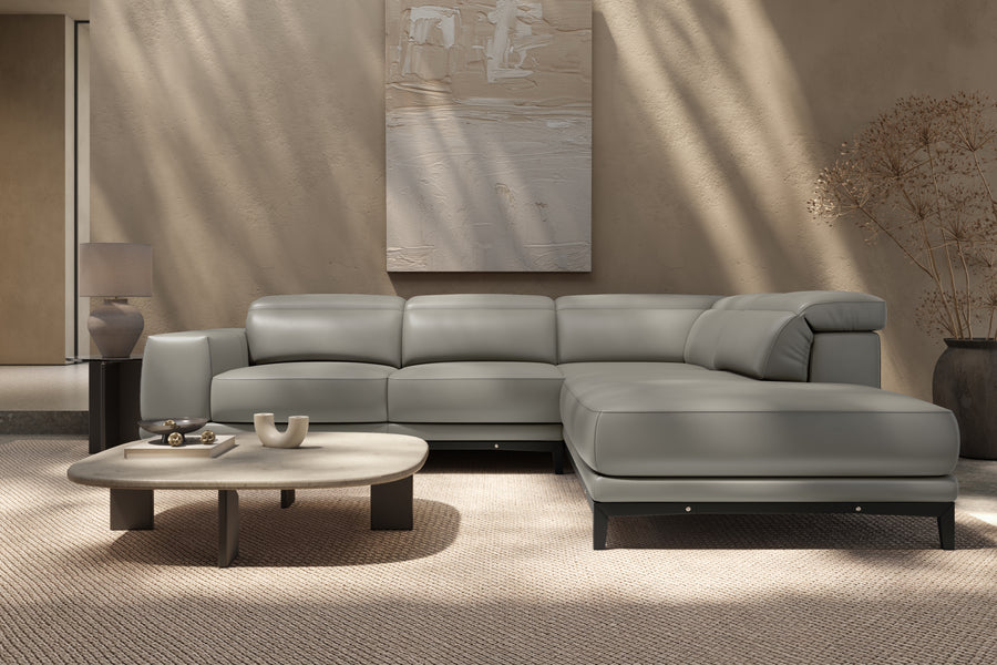 Valletta Sectional Leather Lounge, L-Shape & Right Chaise, Light Grey