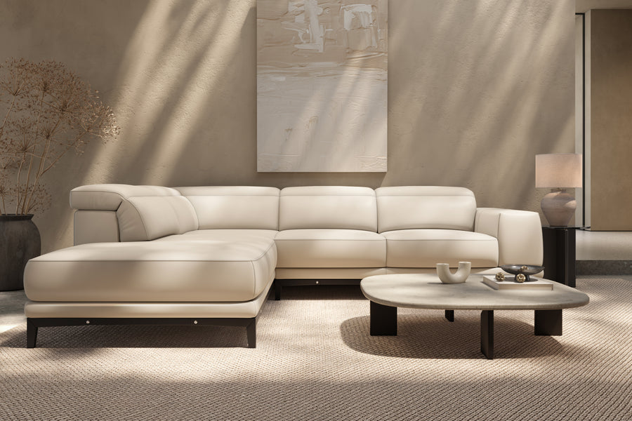 Valletta Sectional Leather Lounge, L-Shape & Left Chaise, Beige