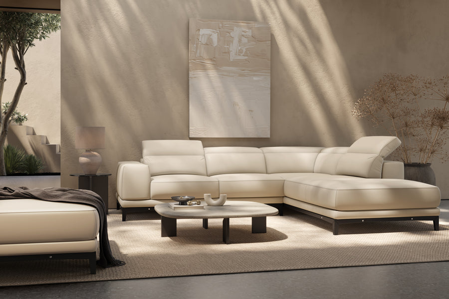 Valletta Sectional Leather Lounge, L-Shape & Right Chaise, Beige