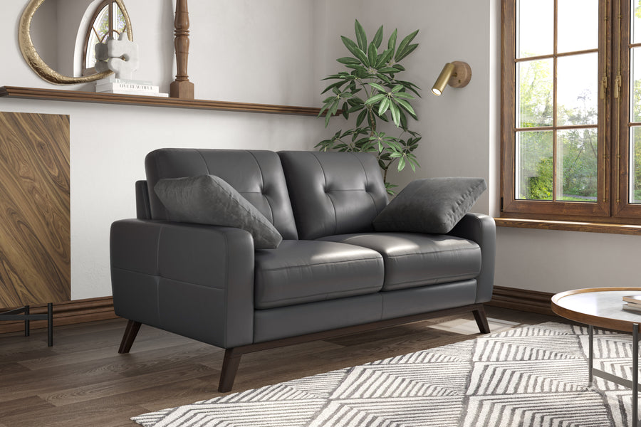 Valencia Francesca Mid Century Top Grain Leather Loveseat Lounge, Charcoal Grey