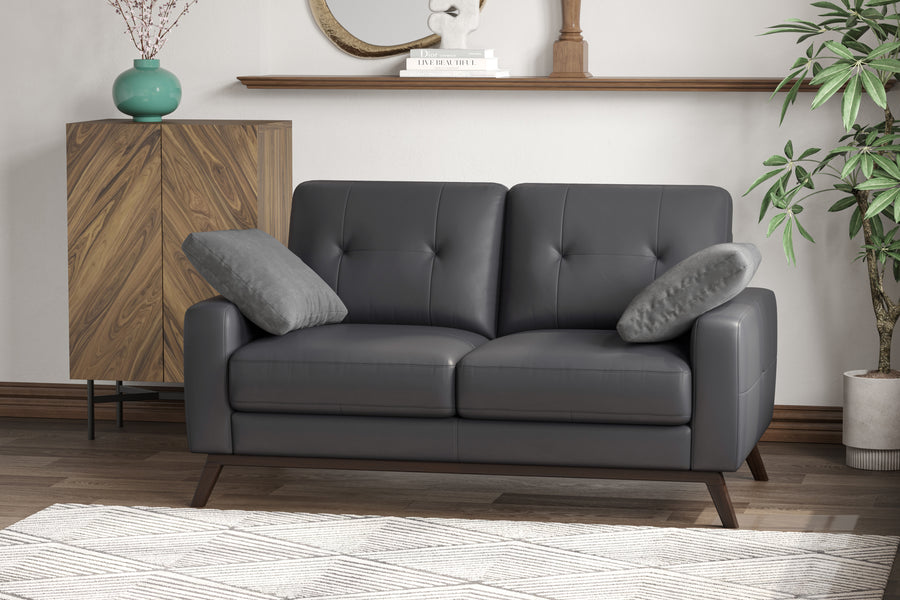 Valencia Francesca Mid Century Top Grain Leather Loveseat Lounge, Charcoal Grey