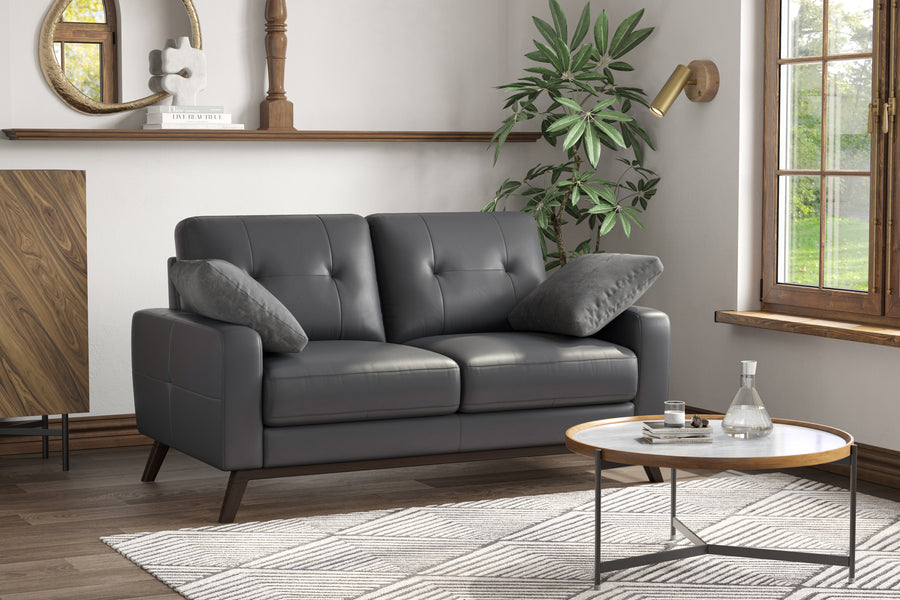 Valencia Francesca Mid Century Top Grain Leather Loveseat Lounge, Charcoal Grey