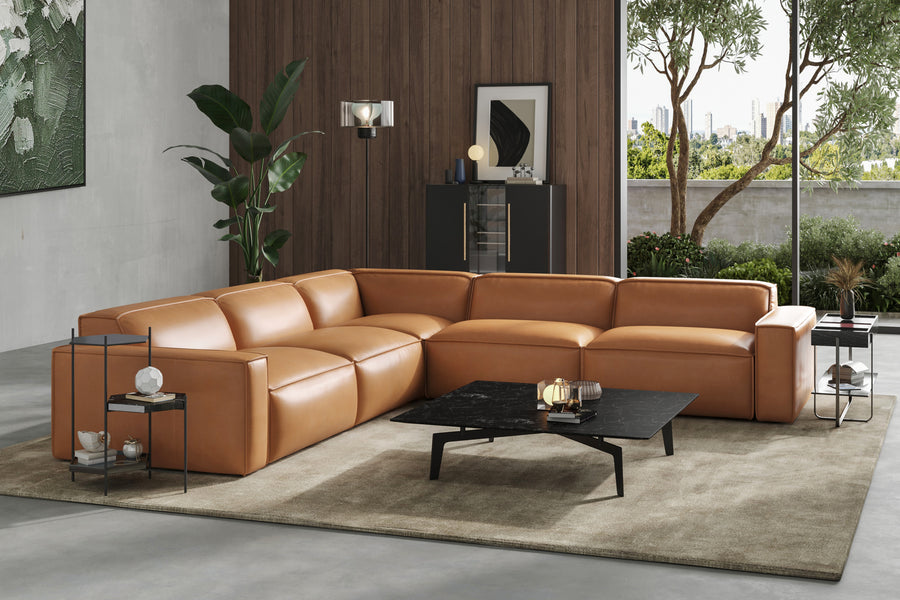 Valencia Nathan Aniline Leather Modular L-Shape Lounge with Down Feather, Caramel Brown